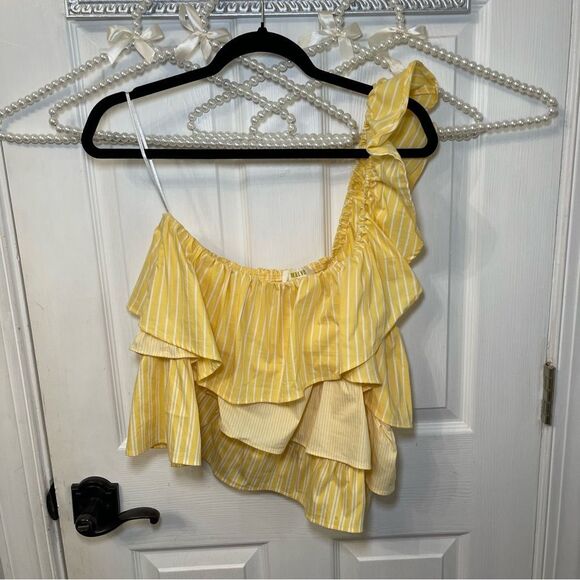 NWT Anthropologie Maeve Ruffled One-Shoulder Yellow Ruffled Top - Picture 2 of 12